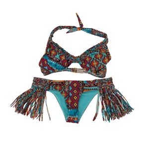 Luli Fama Wild And Free Bikini Set Size L Fringe Bottoms Cheeky Push Up Halter